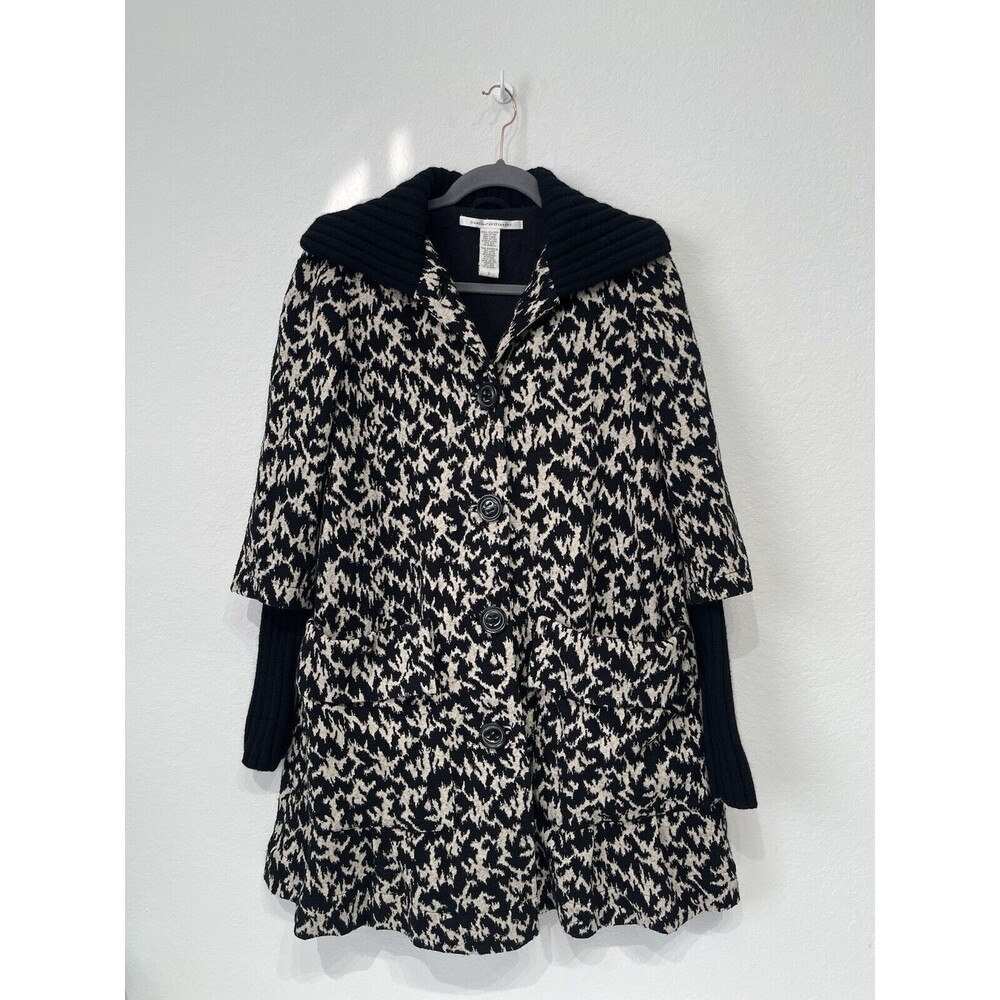 Diane Von Furstenberg White/Black Print Wool Blend Coat Jacket Size 2